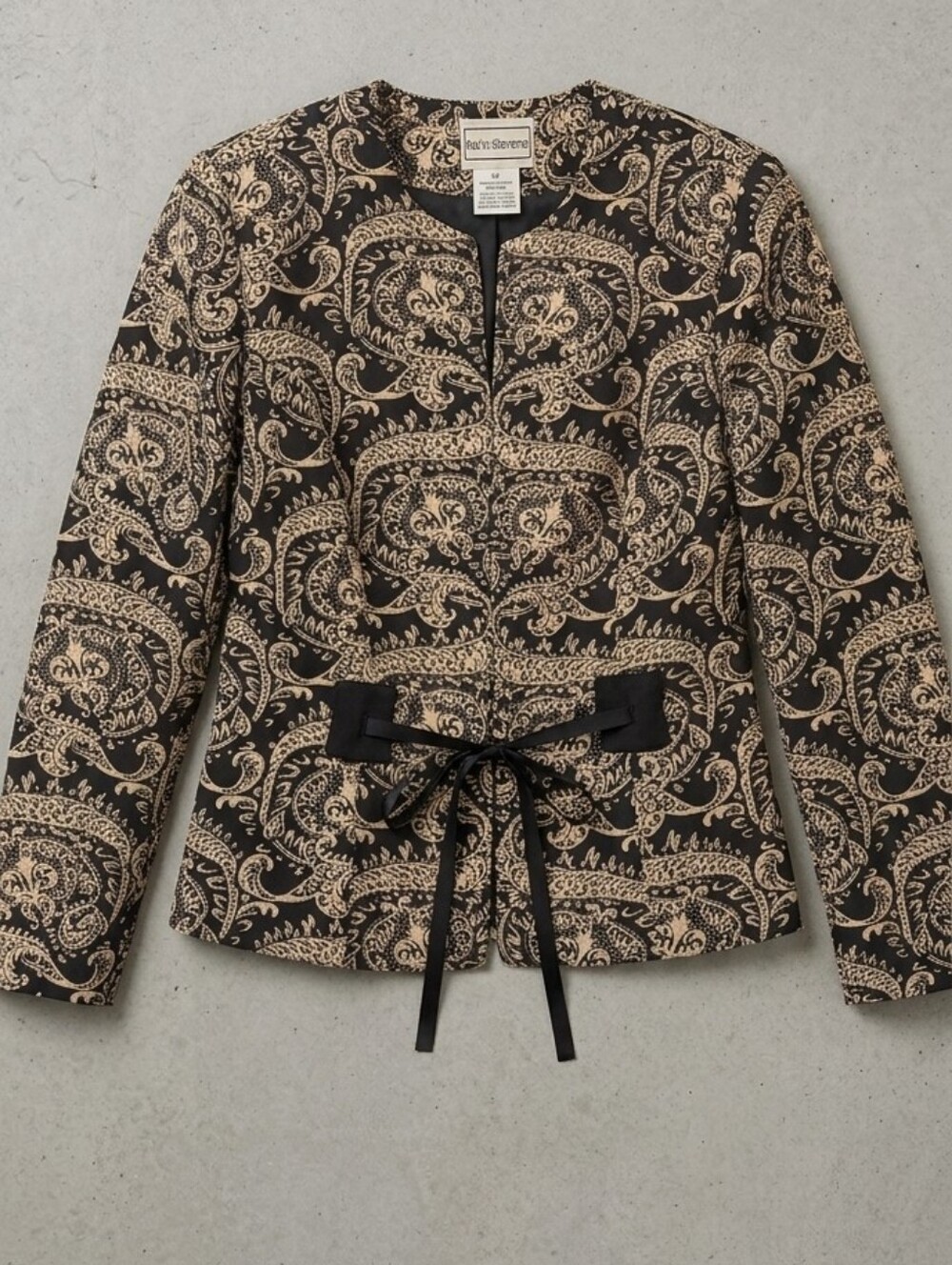 Vintage Karin Stevens Paisley Tie-front Jacket Size 10 Black and Cream